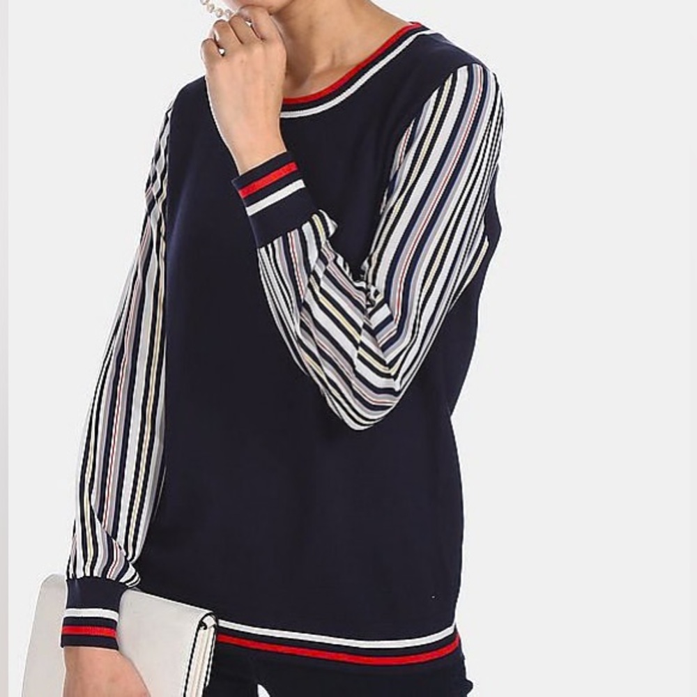 Tommy Hilfiger Navy Blue White Red Stripe Chiffon Sleeves Sweater Women's Medium